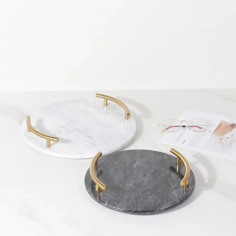 Natural Marble Round Jewelry Tray with Gold Metal Handles