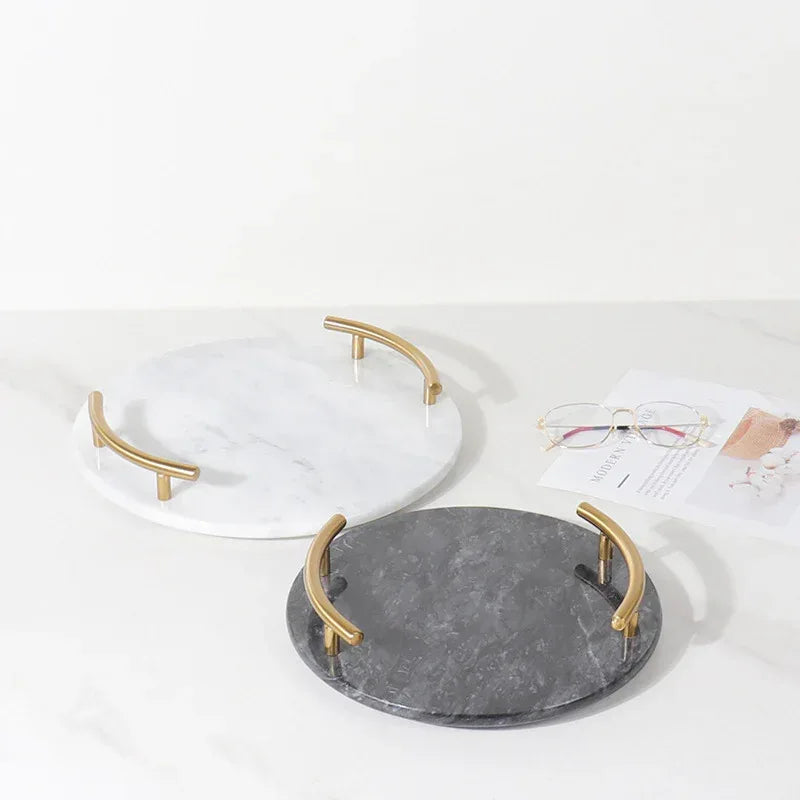 Natural Marble Round Jewelry Tray with Gold Metal Handles
