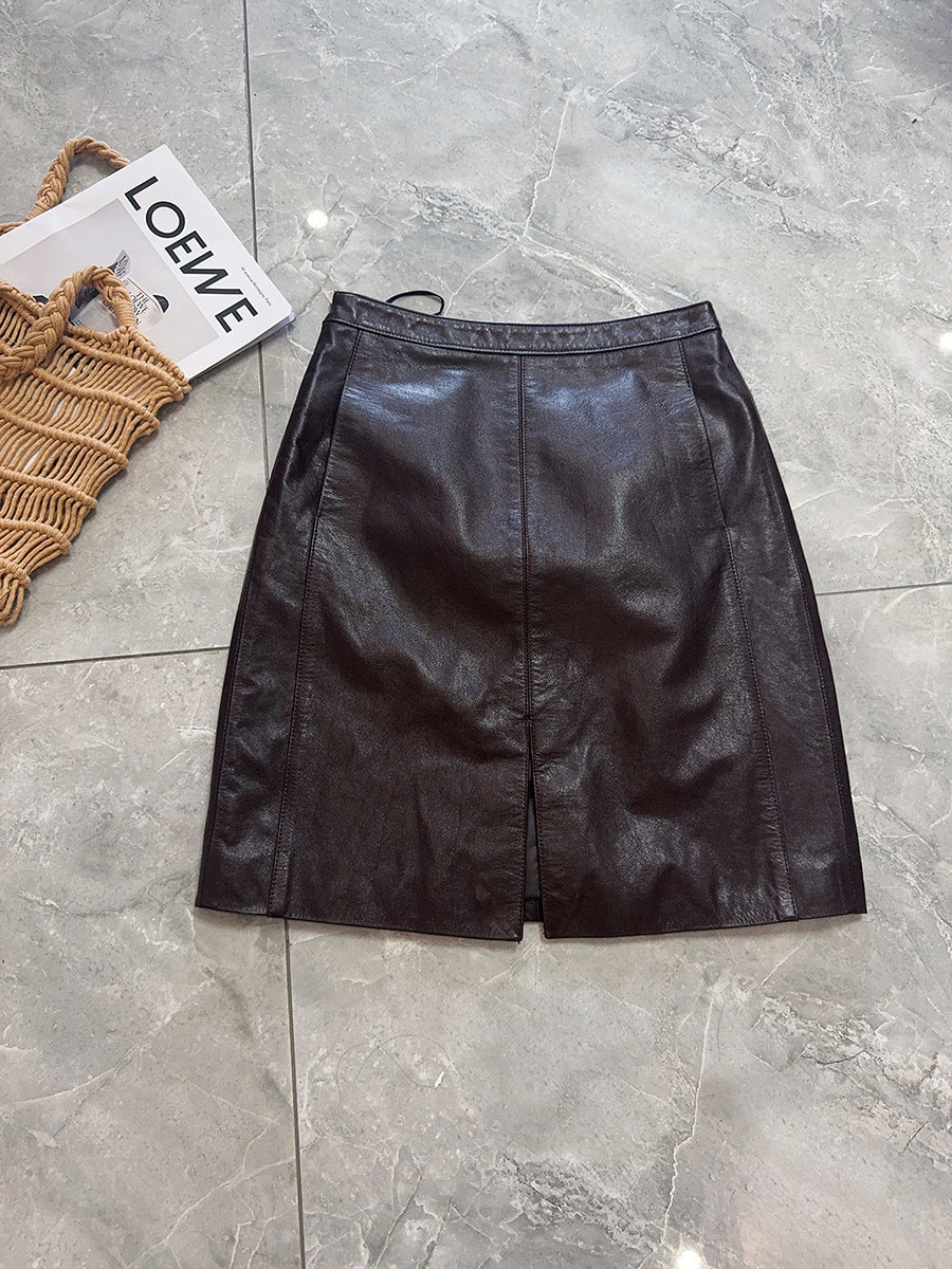 Genuine Leather Mini Skirt High Waist Slit
