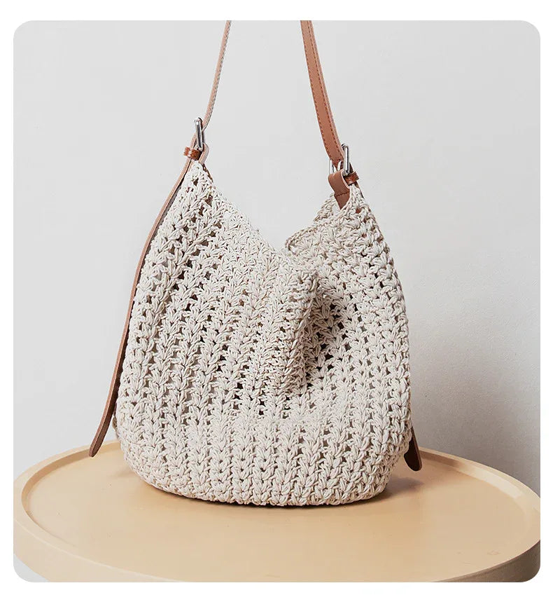 Woven Summer Shoulder Beach Bag with Leather Base