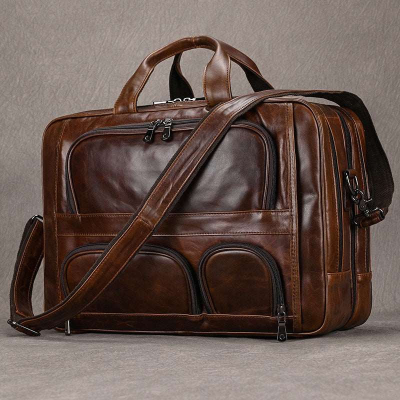 Genuine Leather Office Laptop Bag for Men with Trolley Sleeve