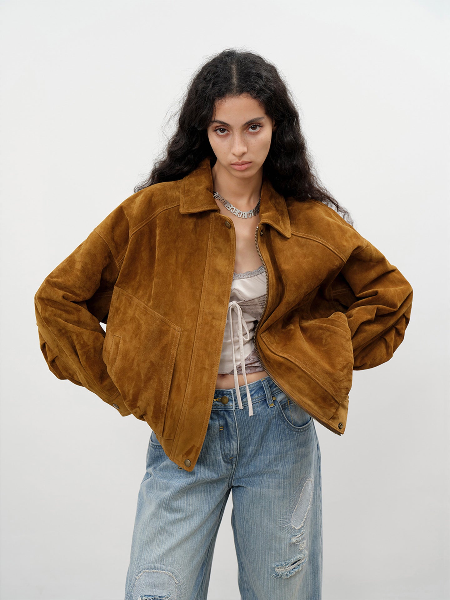 Loose Fit Retro Bomber Women Real Suede Jacket