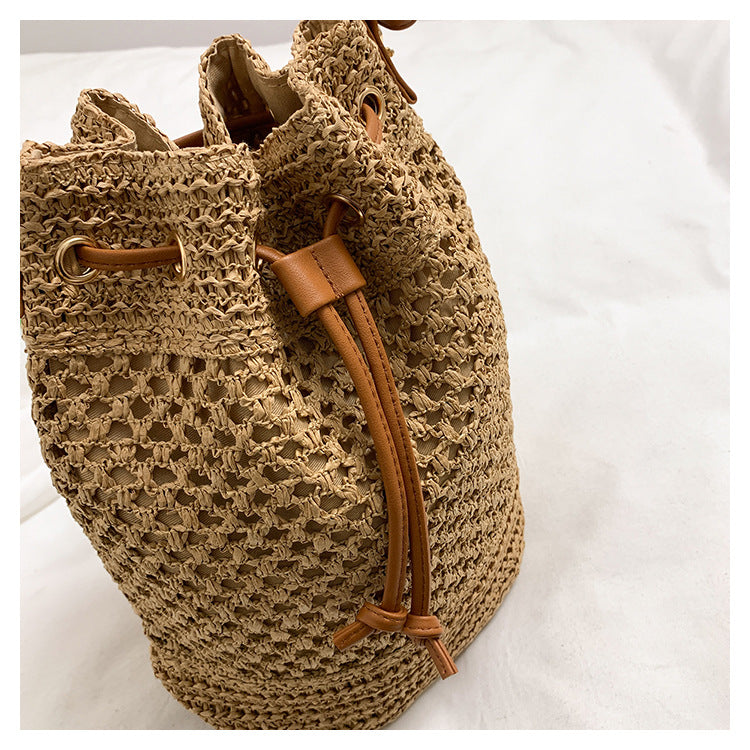 Straw Beach Bucket Bag for Women with Leather Strap