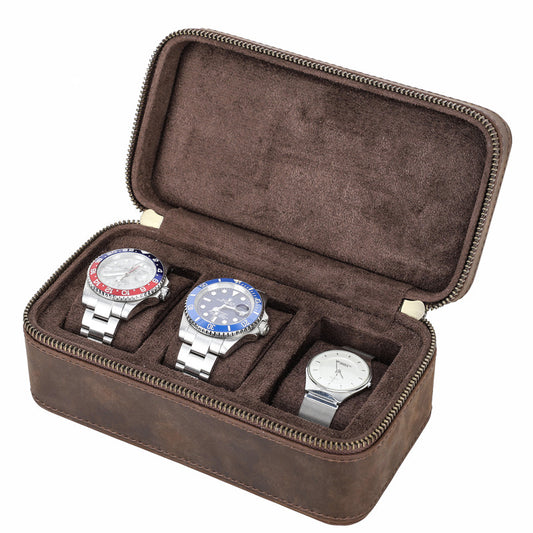 Mens Leather Watch Box for Travel 3 Slots