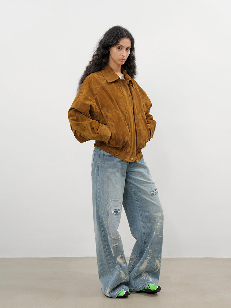 Loose Fit Retro Bomber Women Real Suede Jacket