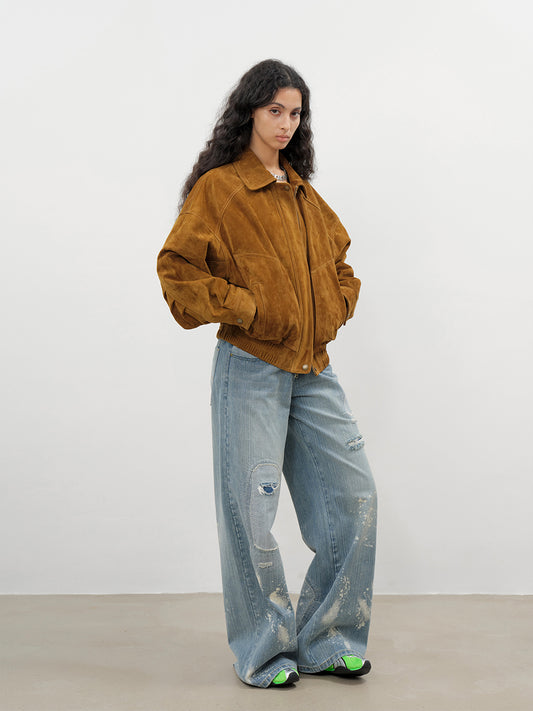 Loose Fit Retro Bomber Women Real Suede Jacket