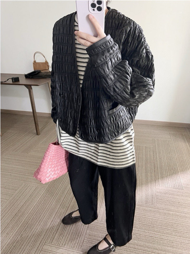 Women Leather Pleated Jacket Quilted V-Neck Short Coat