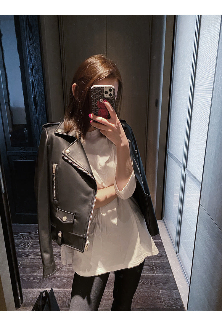 Women Leather Moto Jacket Cropped Motorcycle Jacket
