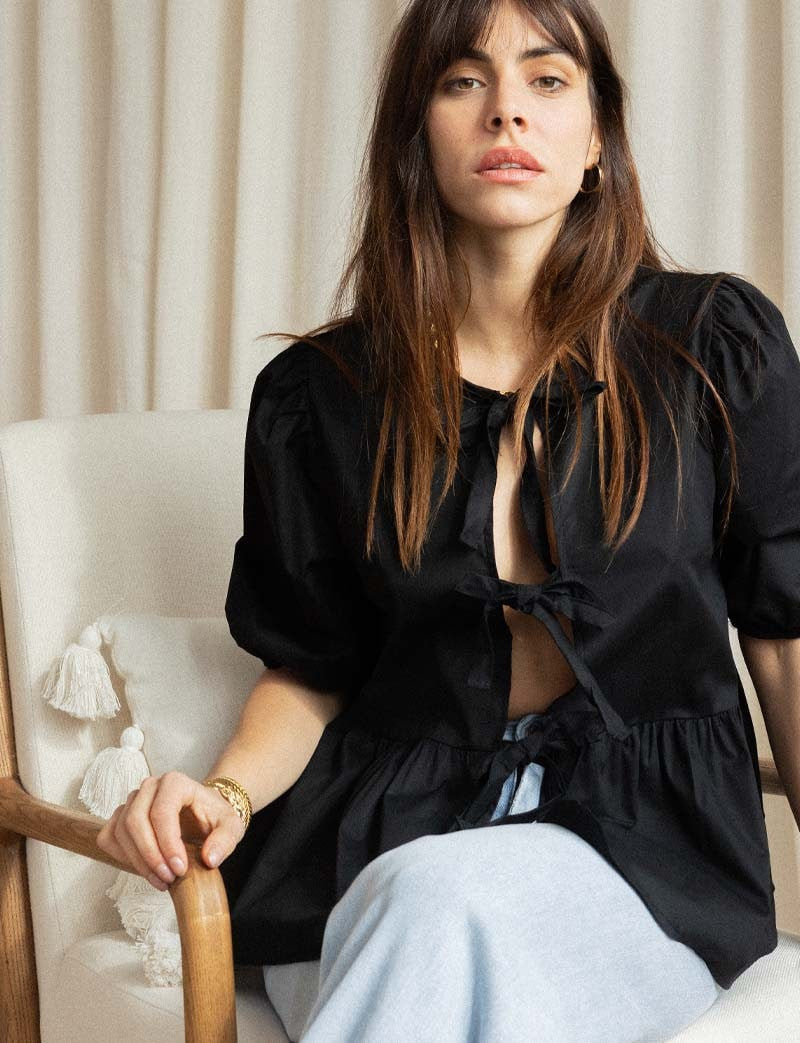 Women Puff Sleeve Bow Button Top Vintage Ruffle Hem Summer Blouse