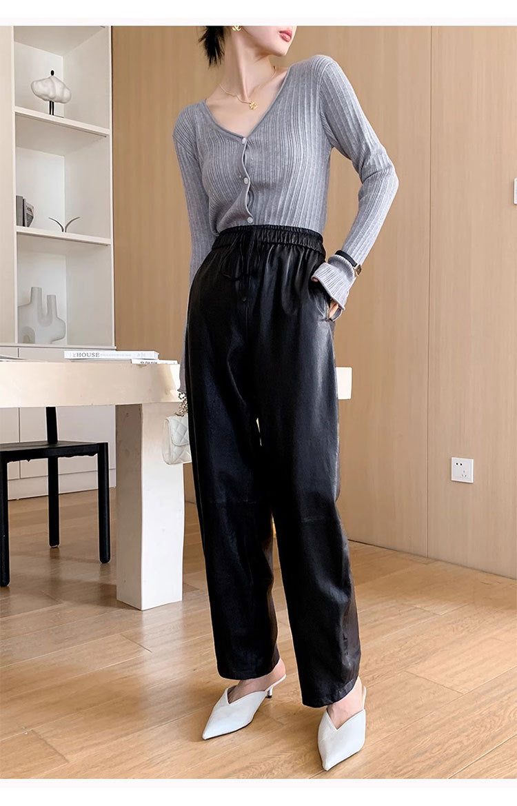 Women’s Leather Trousers High-Waisted Black Wide-Leg Pants