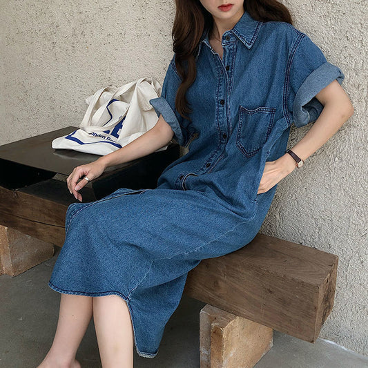 Short Sleeve Denim Shirt Dress for Women Loose Jean