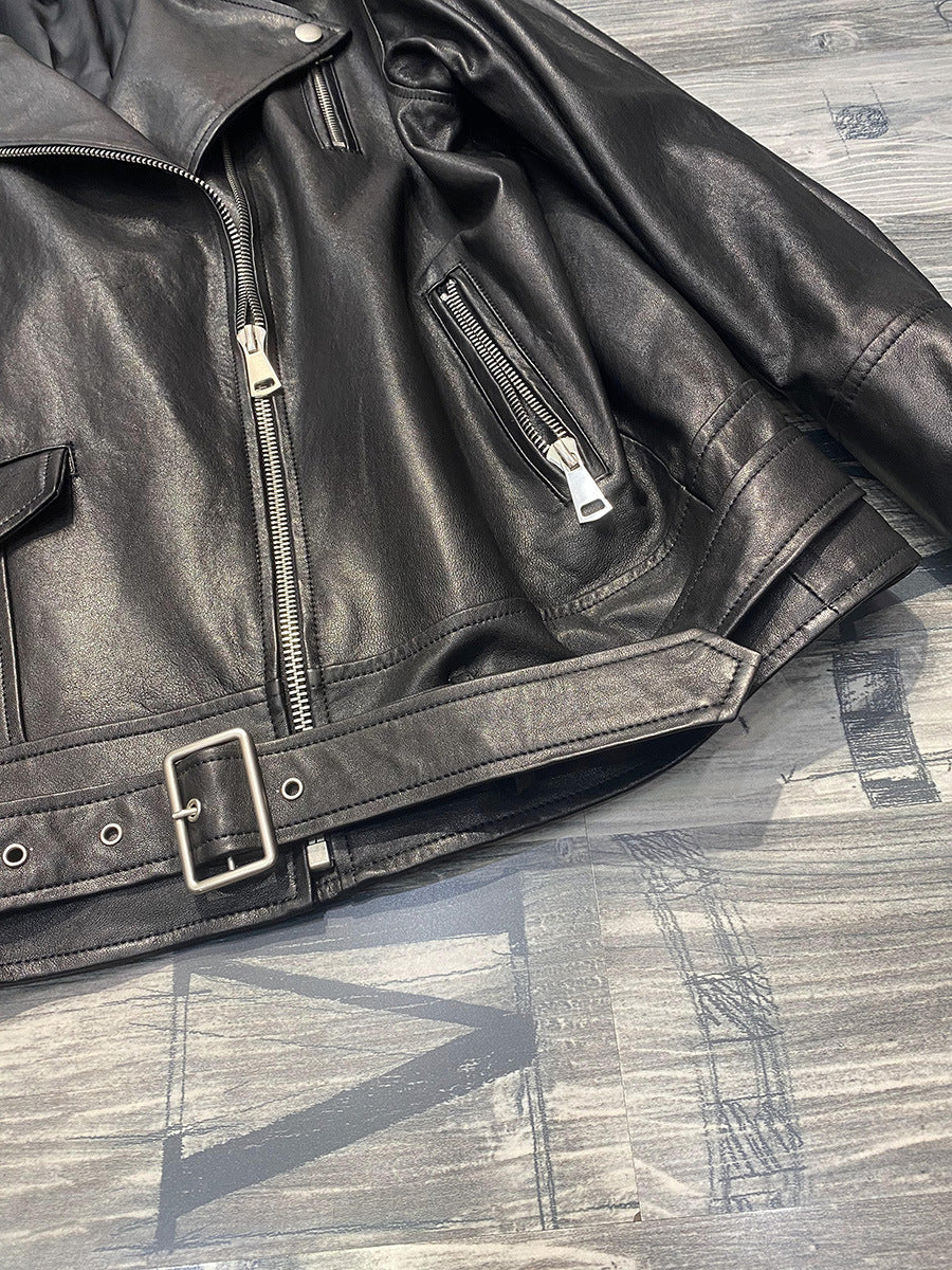 Women Oversized Genuine Leather Motorcycle Jacket Retro Washed
