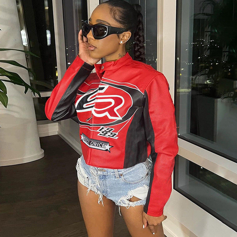 Women's Red Faux Leather Jacket with Cropped Biker Bomber Fit