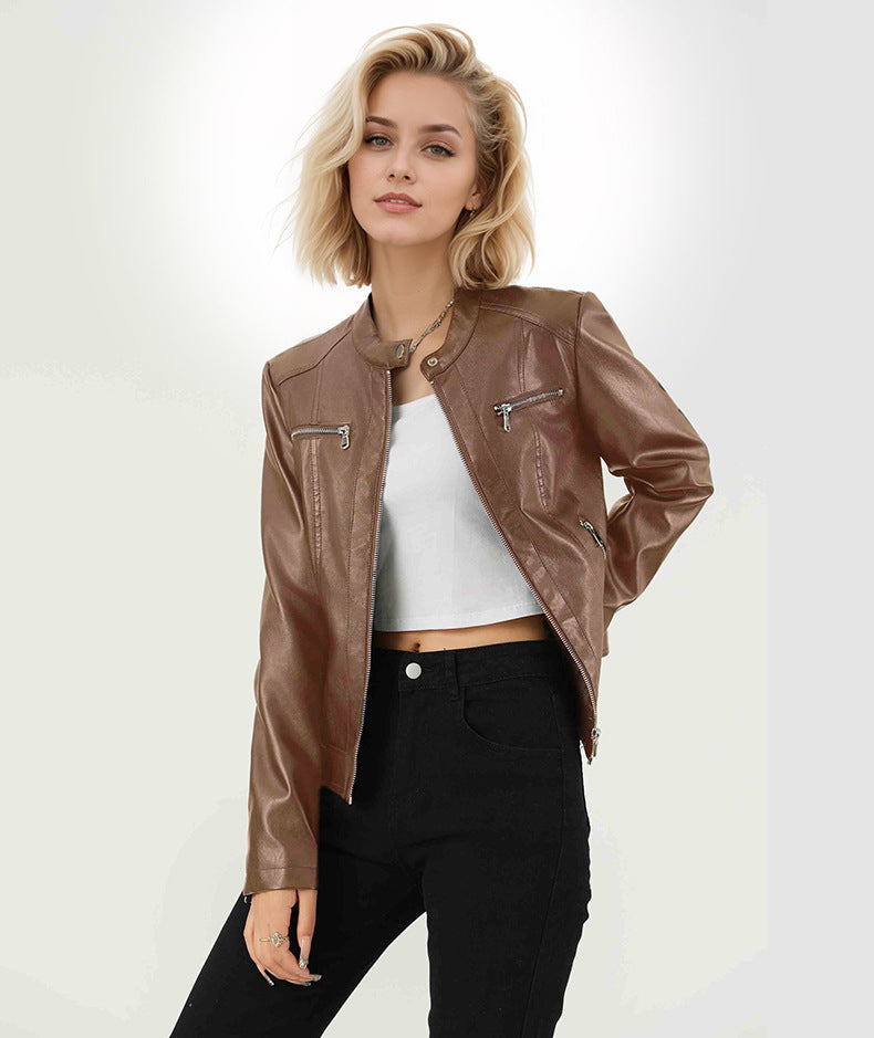 Slim Fit Faux Leather Moto Jacket for Women
