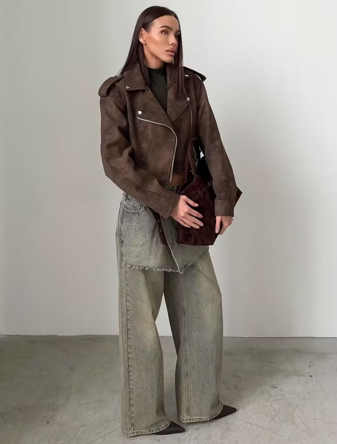 Women Brown Velvet Motorcycle Jacket Cropped Suede