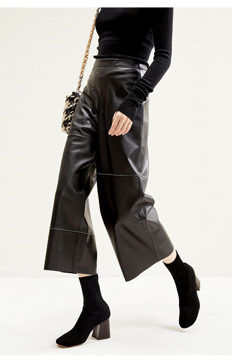 High Rise Leather Elephant Style Pants Straight Leg Midi Culotte