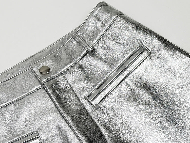 Women’s Silver Leather Mid-Rise Shorts