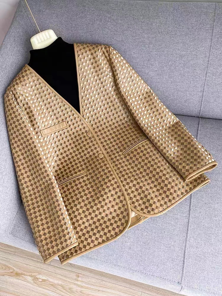 Leather Woven Jacket for Women Loose Fit Suit Style Blazer