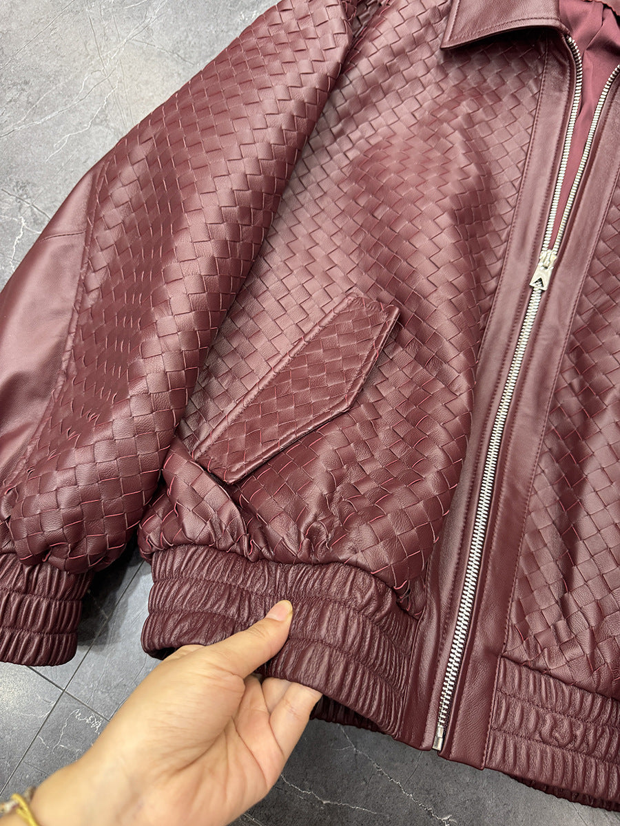 Old Money Style Braided Leather Jacket Loose Fit