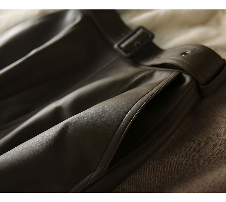 Olive Green Sheepskin Mid Length Leather Skirt with Belt and Slit