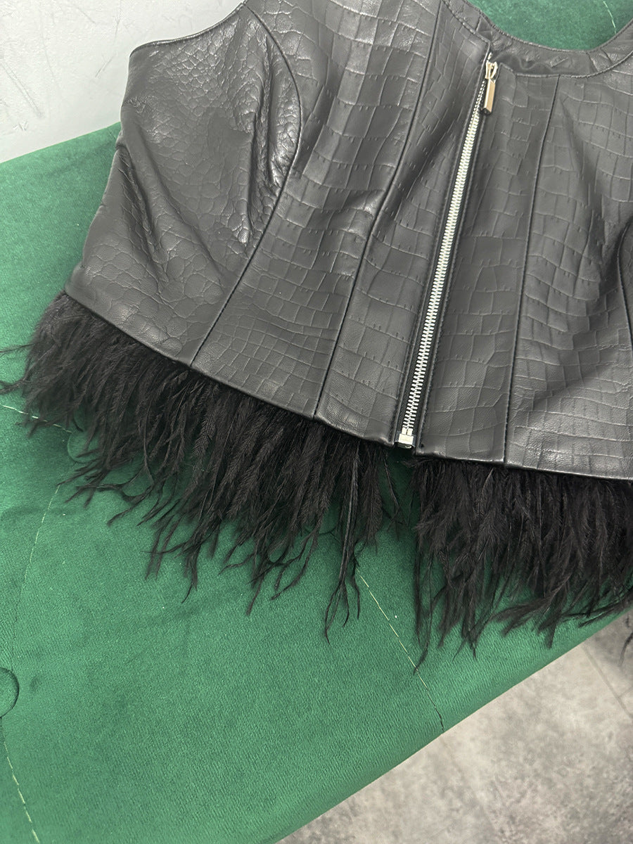 Women’s Genuine Leather Vest with Ostrich Feather Hem