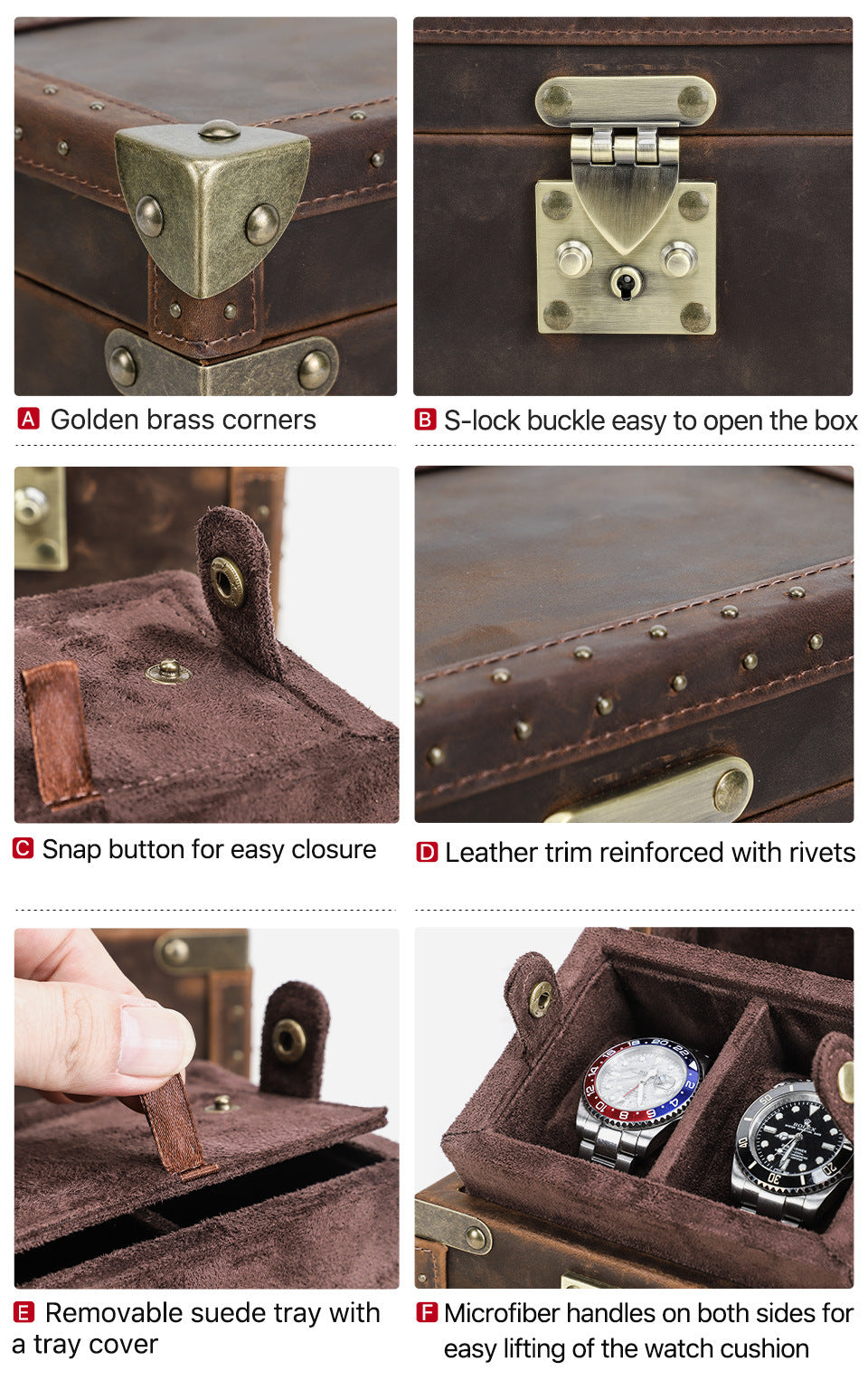 Brown Leather Watch Box for Men 2 Slot Display Case