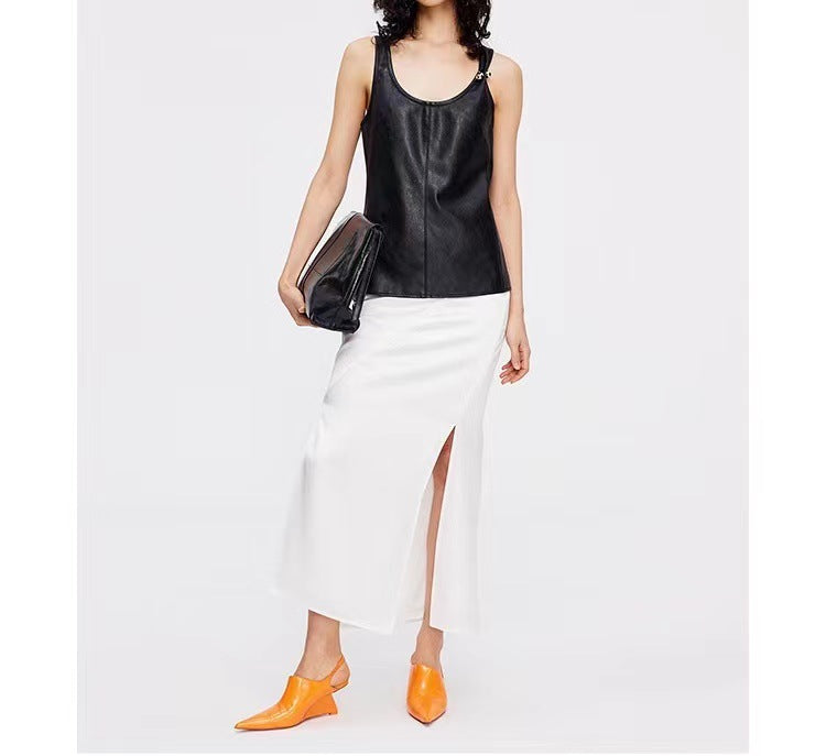 Women Genuine Leather Vest Biker Layered Tank