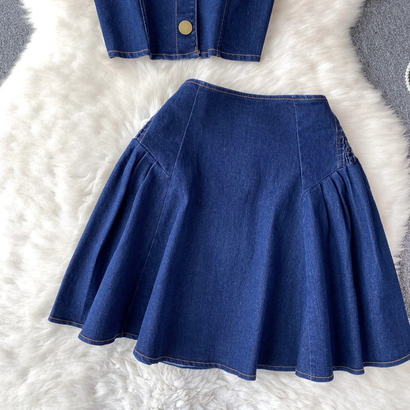 High Waist Denim Two Piece Skirt Set with Bustier Top for Women