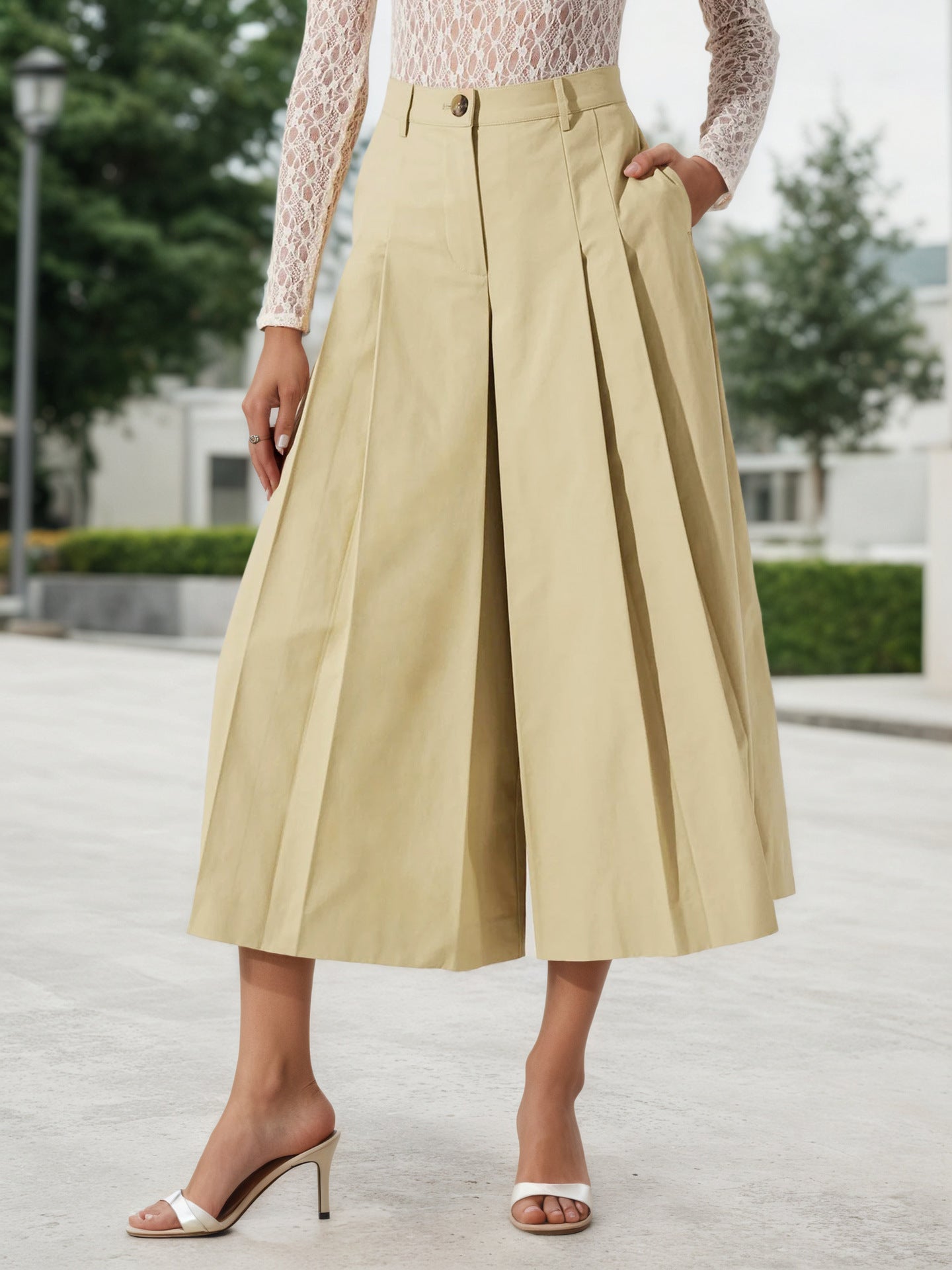 Women’s High Waist Pleated Wide Leg Skirt Pants With Pockets