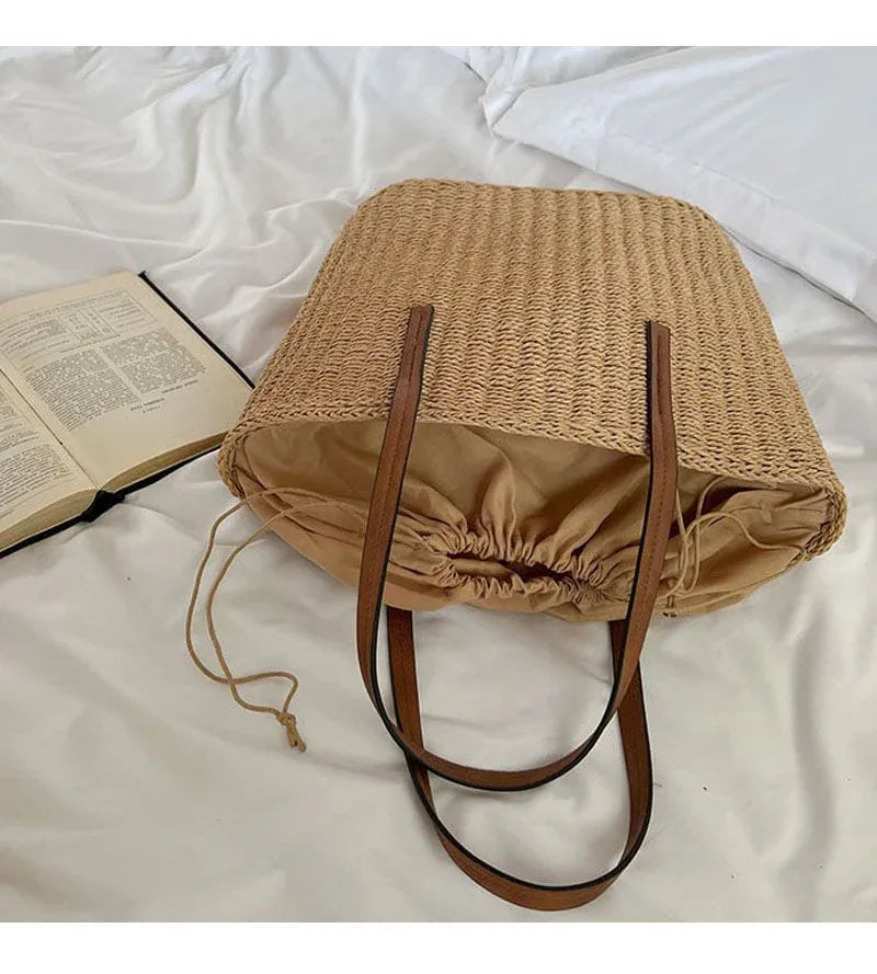 Straw Summer Beach Bag Tote with Leather Handles