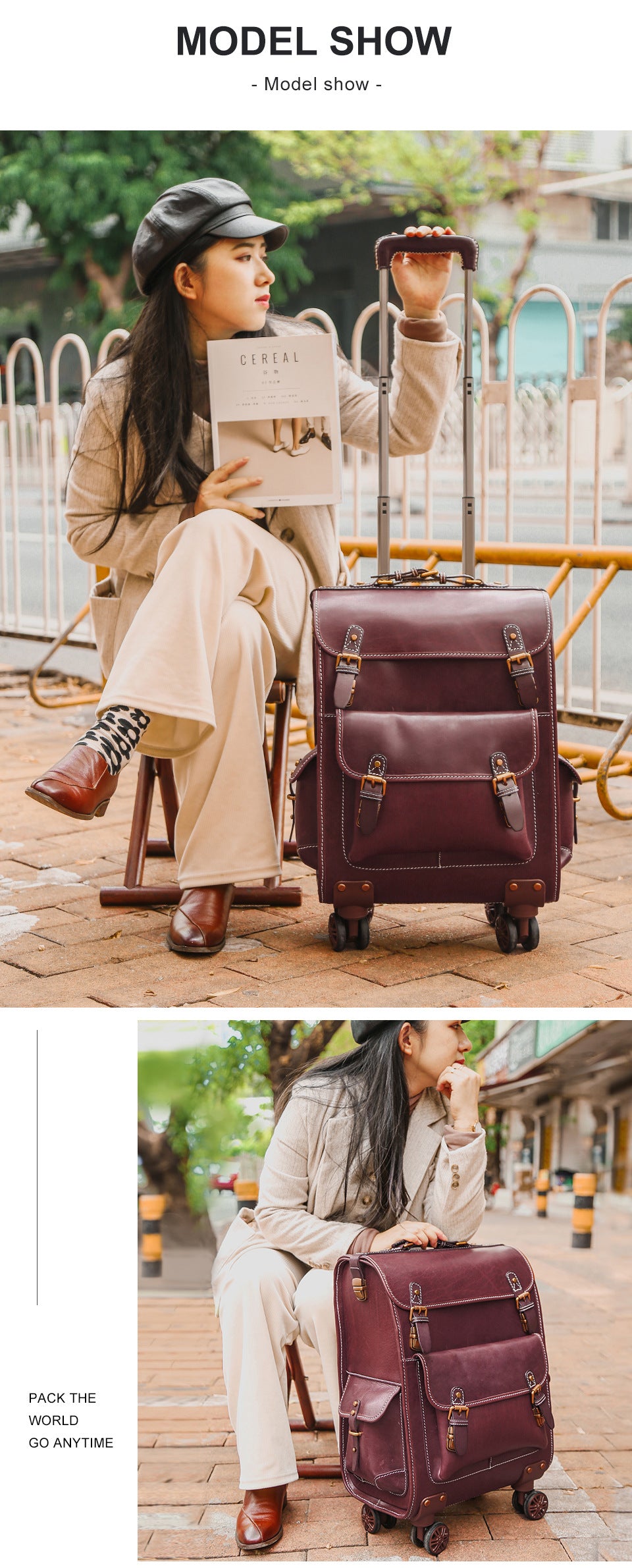 Leather Luggage Trolley Case Carry-On Suitcase with Wheels