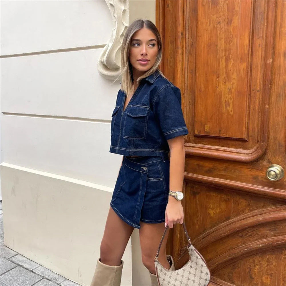 Two Piece Denim Short Set Skirt with Cropped Jean Top
