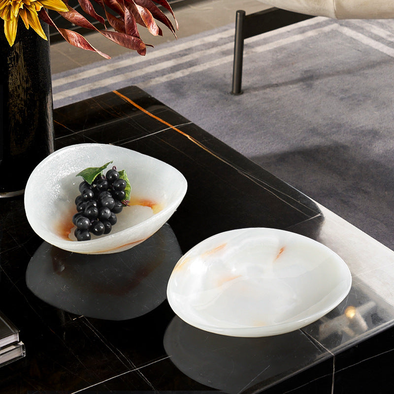 Light Luxury Marble Fruit Plate Natural White Jade Decorative Bowl