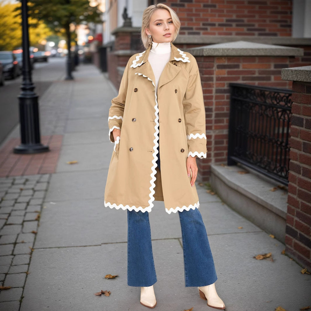 Beige Double-Breasted Trench Coat with White Wave Trim for Women