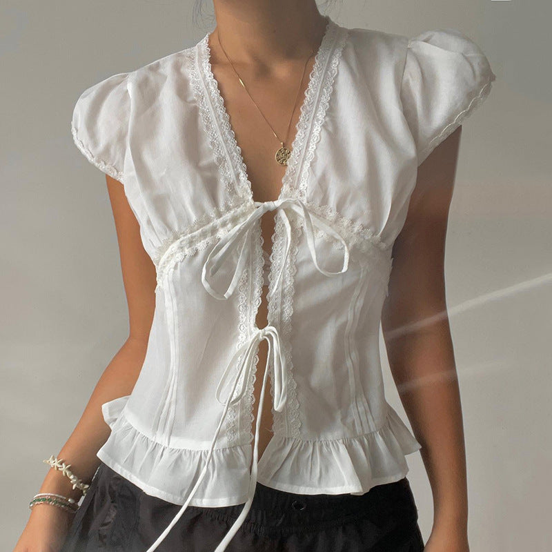 bow tie puff sleeve shirts for women