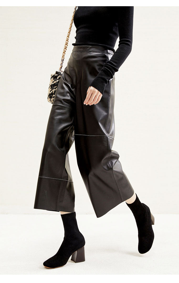 High Rise Leather Elephant Style Pants Straight Leg Midi Culotte