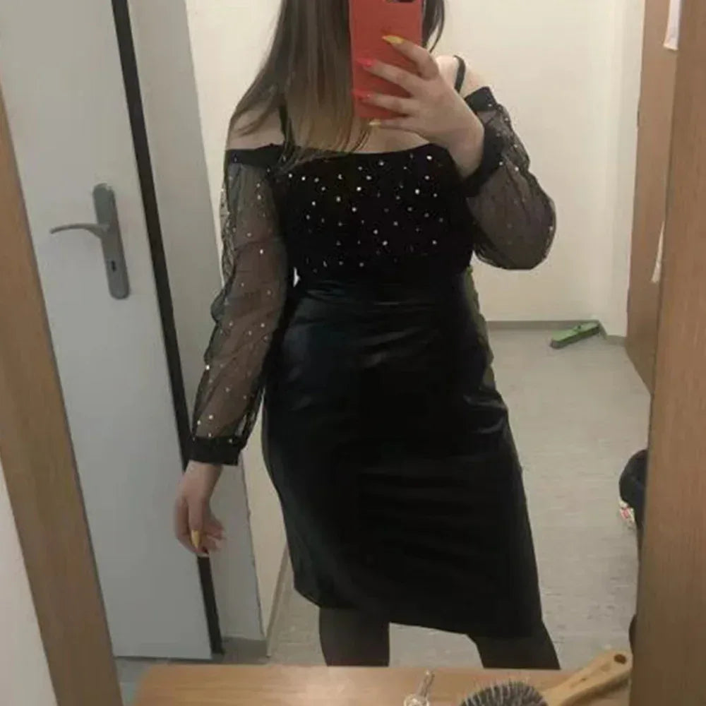 Black Faux Leather Pencil Skirt with Back Zipper