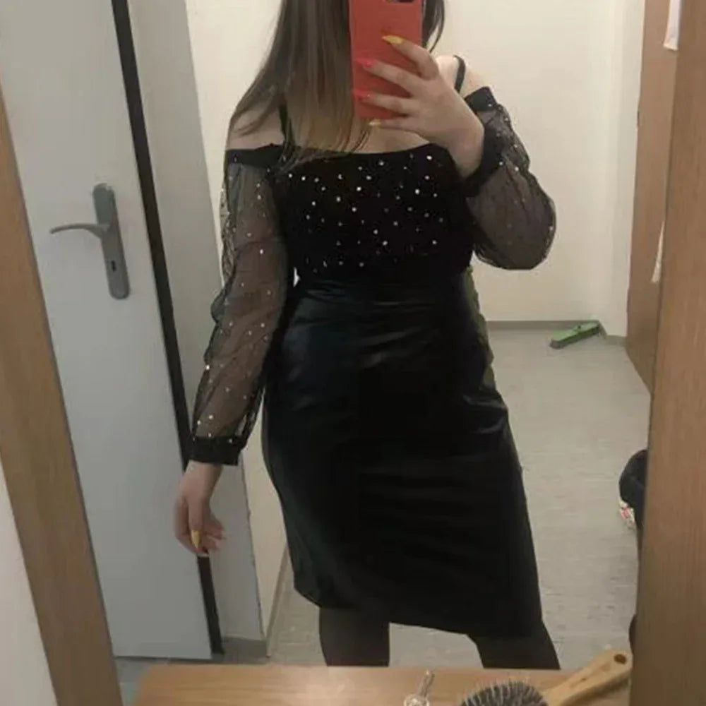 Black Faux Leather Pencil Skirt with Back Zipper