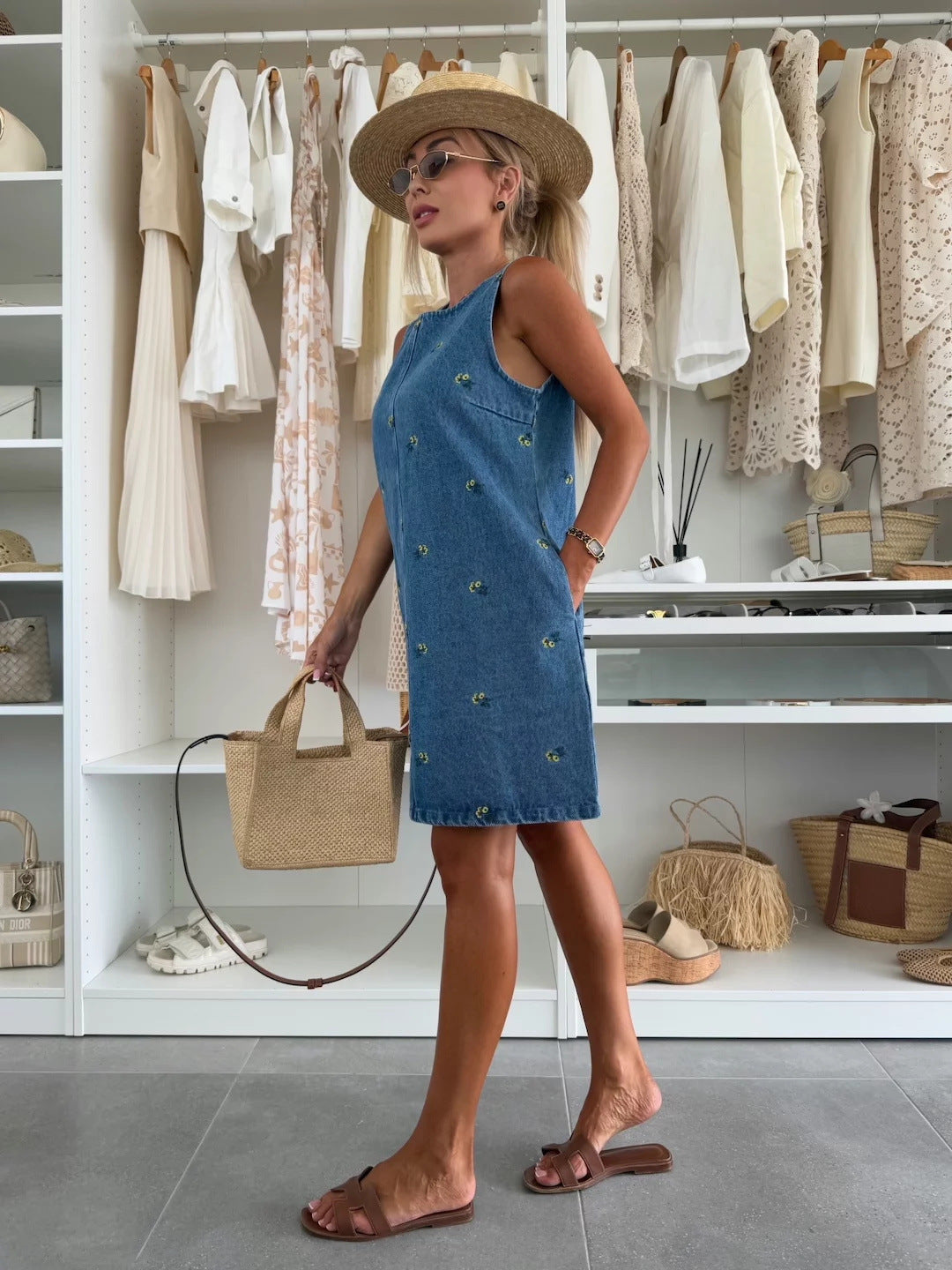 Sleeveless Denim Dress with Floral Embroidery