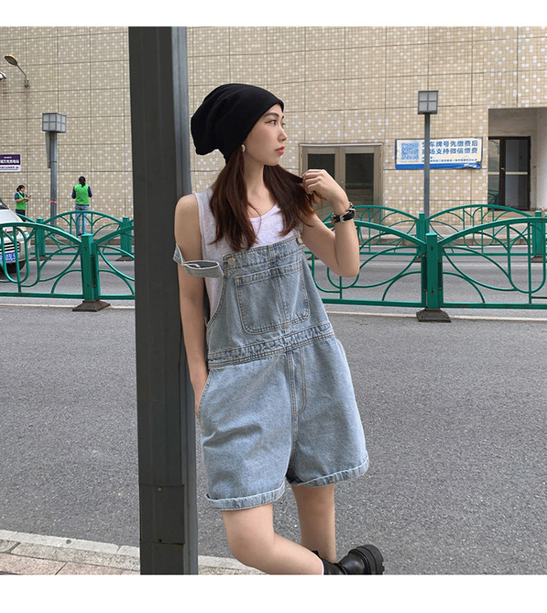 Denim Casual Distressed Overalls Bib Shorts