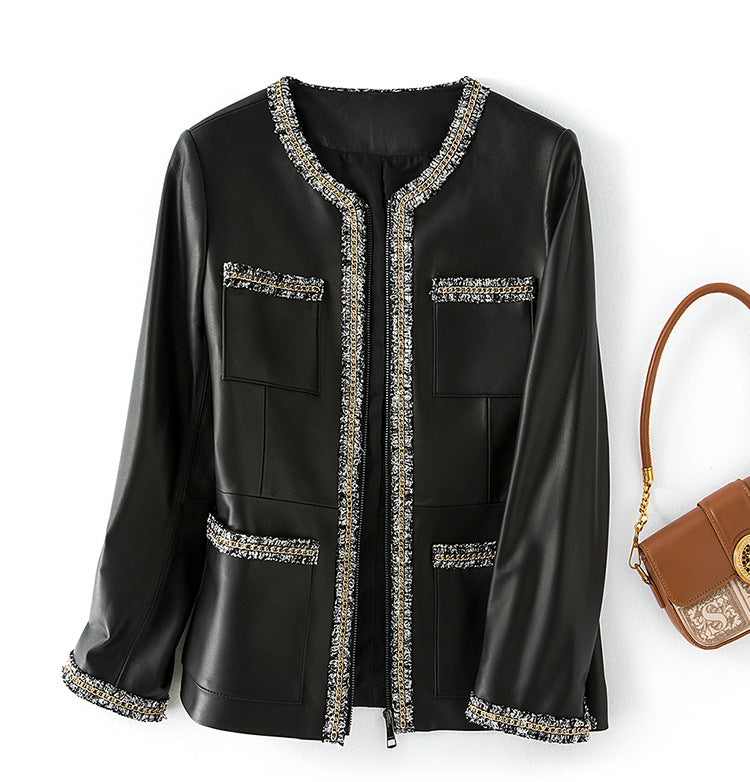 Women’s Leather Jacket with Chain Trim and Tweed Edge