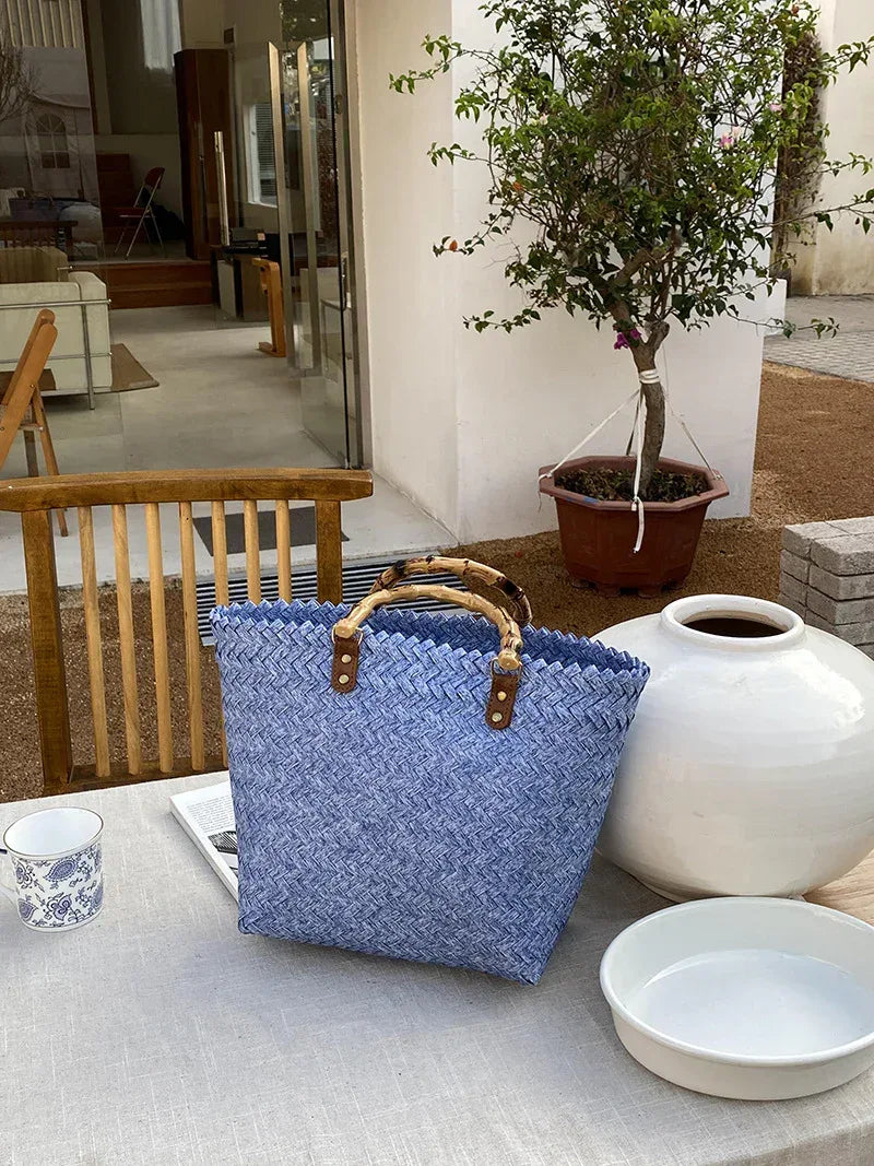Woven Summer Tote Bag With Bamboo Handle