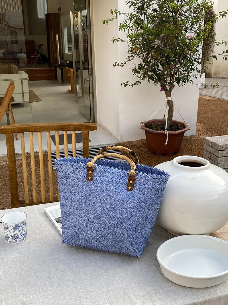 Woven Summer Tote Bag With Bamboo Handle