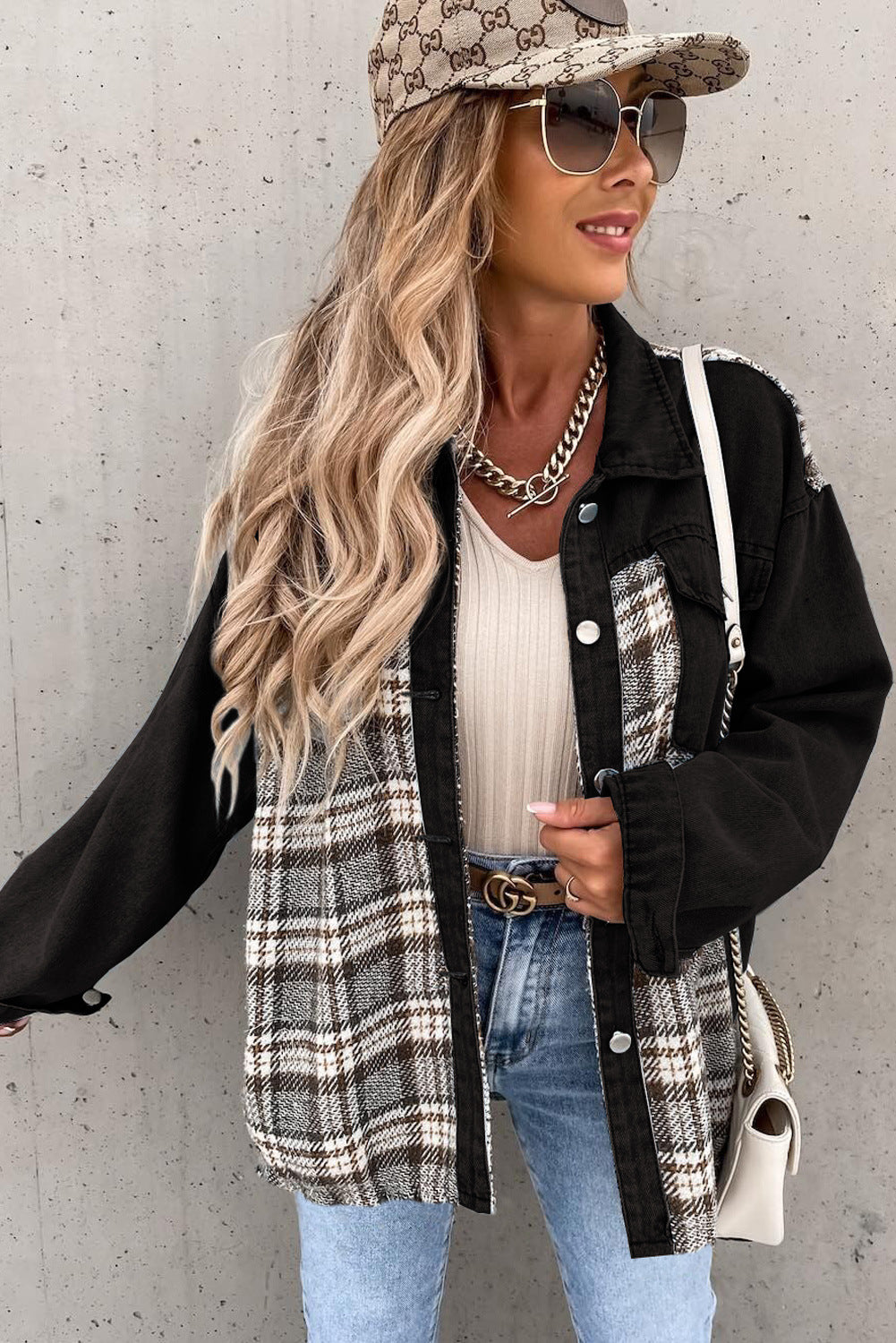 Black Plaid Patchwork Oversized Denim Shirt Jacket for Women