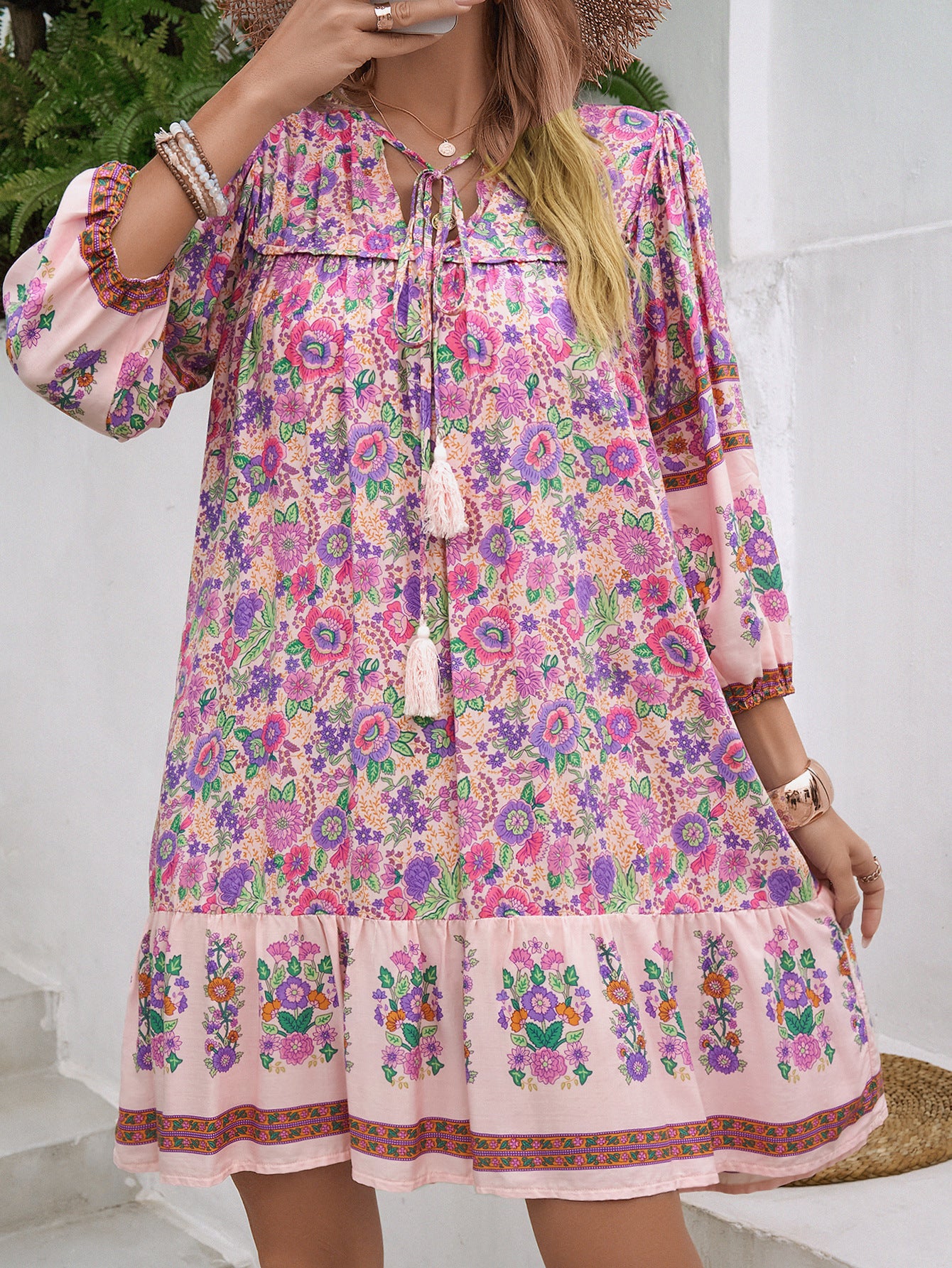 Floral Boho Mini Summer Dress with Tassels