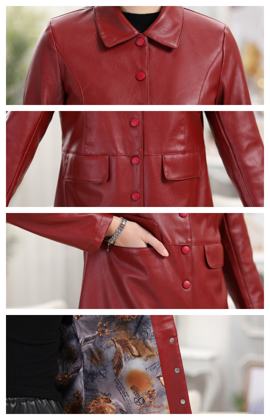 Red Faux Leather Jacket for Women Mid Length
