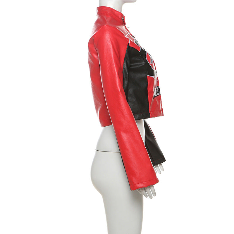 Women's Red Faux Leather Jacket with Cropped Biker Bomber Fit
