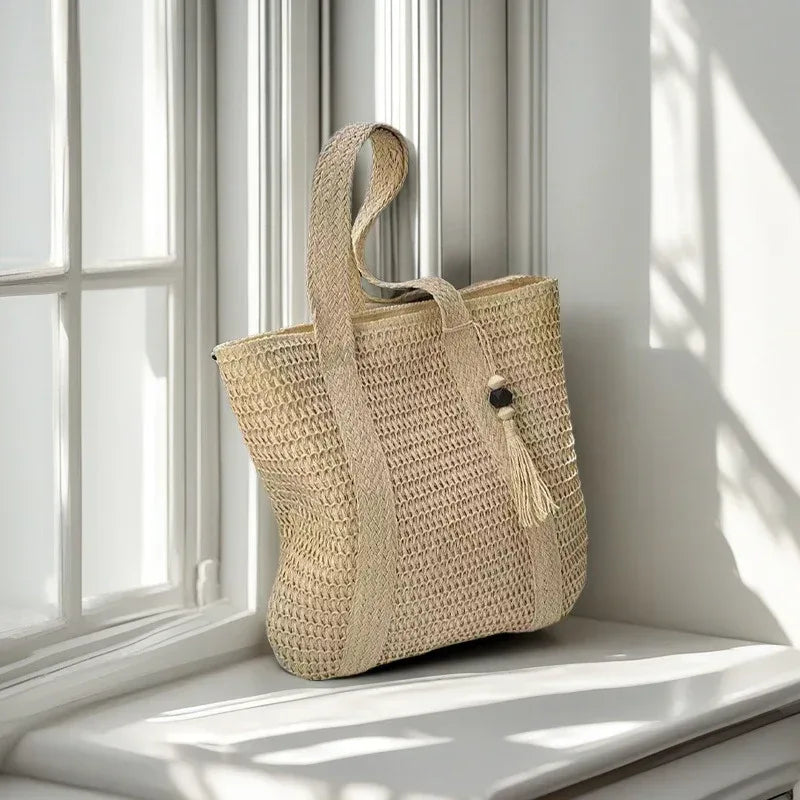 Beach Straw Tote Handbag for Women with Tassel Charm