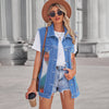 Aztec Pattern Blue Denim Vest Women’s Loose Fit