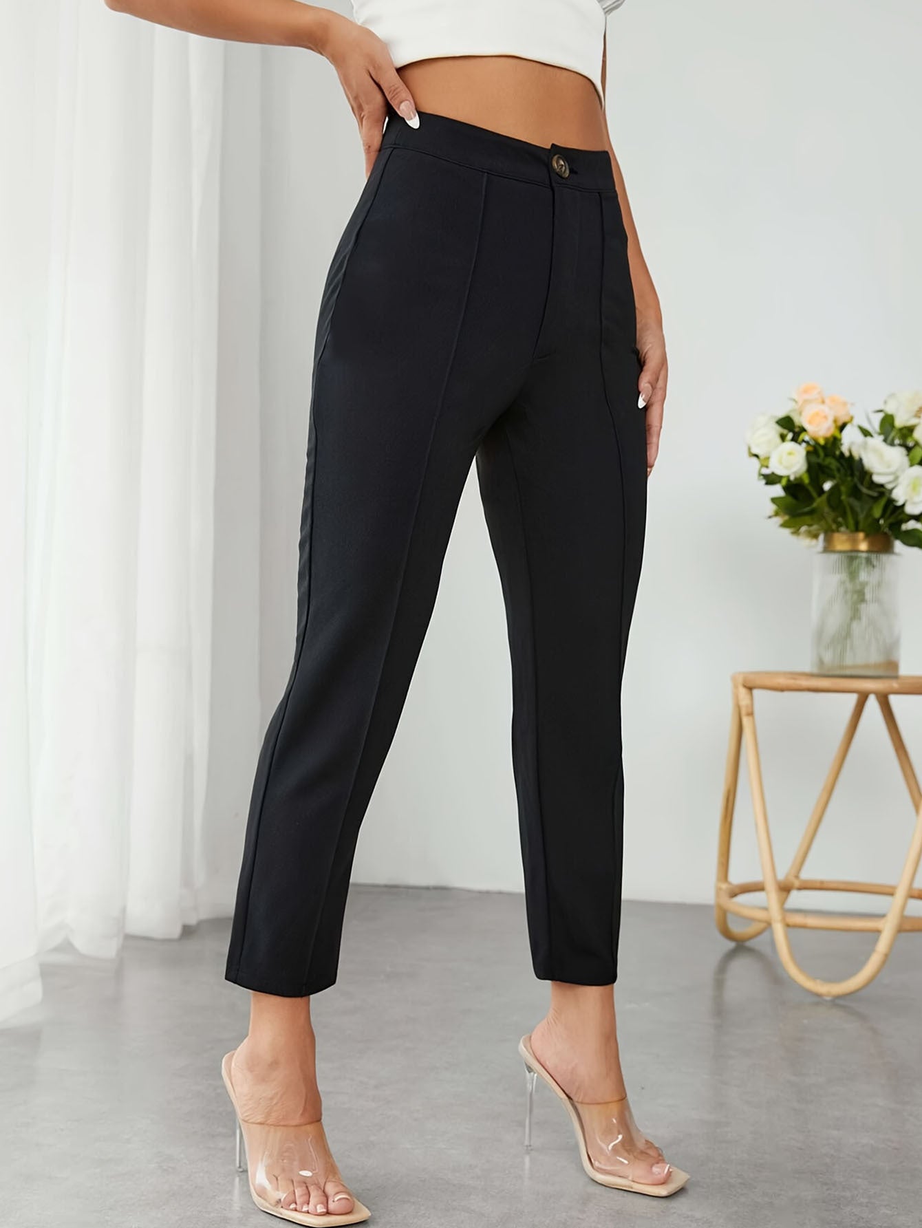 Women High-Waisted Black Trousers Pants